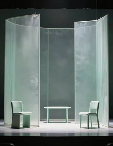 A set design concept photograph showing a stage with ethereal, translucent partitions and minimalist furniture in pale mist green.