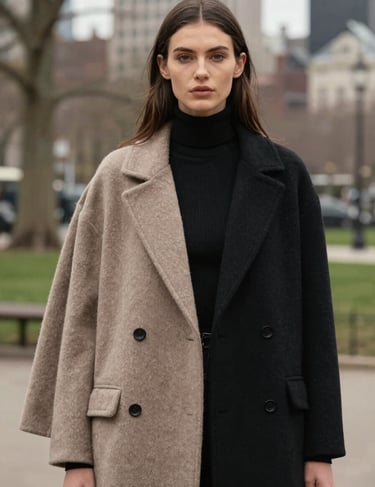 A fashion model in a North American / European urban park, wearing sustainable luxury fabrics, warm taupe and midnight black color story.