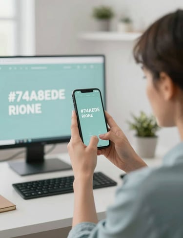 A social media manager capturing content on a phone during a photoshoot, trendy agency vibe, natural daylight, minimalist workspace, featuring brand colors like #74A8AE.