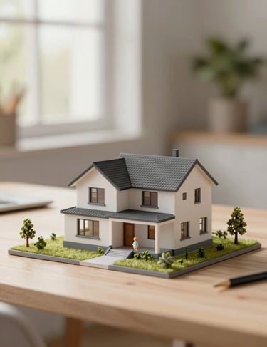 A small 3D architectural model of a family home sitting on a workspace near a window with morning light.