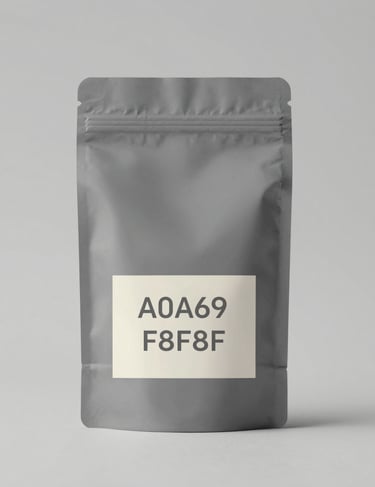 Organic, minimalist food packaging for a sustainable brand. Matte textures in #A0A696 and #F8F8F4, featuring clean sans-serif typography.