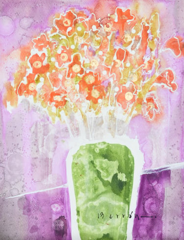 Abstract watercolor painting of orange flowers in a green vase with a textured purple background.