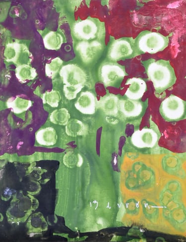 Abstract expressionist painting of a green tree with white circular blossoms on a colorful background.