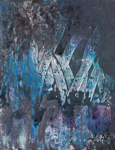 Abstract expressionist painting with textured blue and silver brushstrokes on a dark, moody background.