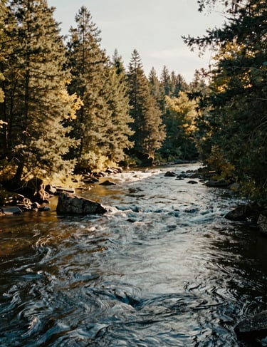 Wide cinematic landscape of a river in a North American forest. Warm sun-drenched lighting, peaceful and authentic mood, natural photography.