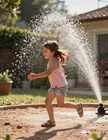 A candid moment of a young girl running through sprinklers in a North American backyard. Sun-drenched atmosphere with brilliant soft sand and terracotta light highlights.