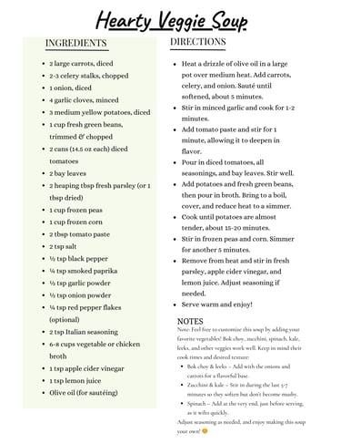 vegetable soup recipe card