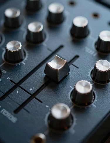 Detail of an analog equalizer's dials and silver switches. The image is sharp and focuses on the technical precision of audio processing. Dark navy and blue-grey tones. Southern European / Spanish context.