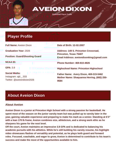 Aveion Dixon Player Profile, Princeton High School, 1page 