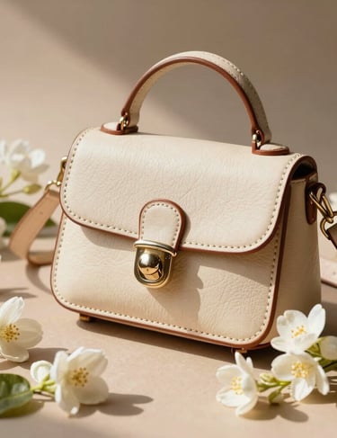 Charming editorial still life of an iconic leather accessory surrounded by delicate white jasmine flowers, basking in warm South American sunlight. Off-white and earth brown tones.