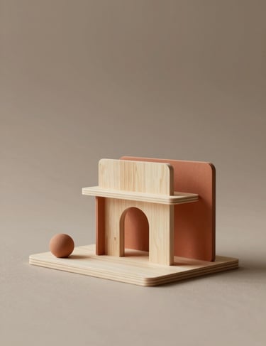 Conceptual model made of translucent balsa wood and clay, warm terracotta highlights, minimalist architectural study #BC6C47 #7C4E3A