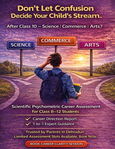 Image showing 3 paths to student after class 10th Science Commerce Arts stream, student is confused