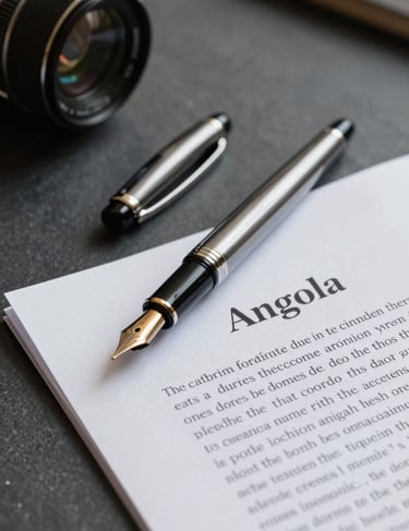 Close-up of a fountain pen and a script titled 'Angola' on a dark slate grey table, elegant and institutional atmosphere.