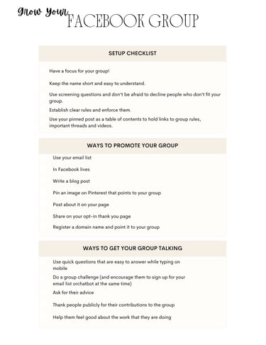 Checklist for how to grow your Facebook group with setup tips, promotion ideas, and engagement strategies.