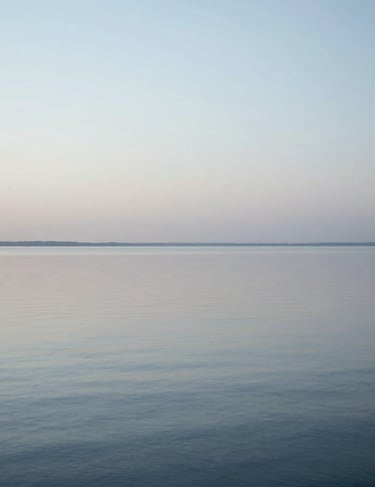 A serene minimalist landscape of a calm lake at dawn, monochromatic pale silver blue tones, smooth water surface, International / Western.