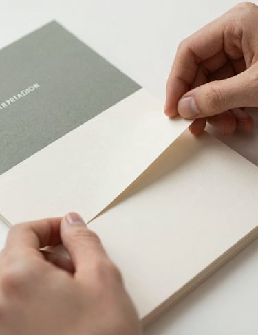 Detail shot of a limited edition catalogue being assembled by hand, focusing on sustainable binding materials and refined craft. Palette of #5B7B71 and ivory #F1F4F2.