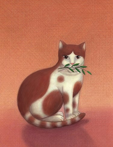 Folk art illustration of a ginger and white spotted cat holding a green leafy branch in its mouth.