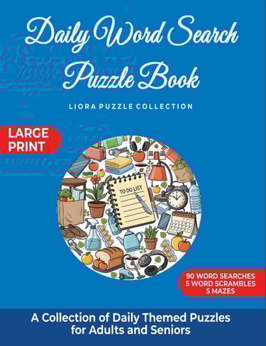 Daily Word Search Puzzle Book cover featuring illustrated everyday items and a to-do list.