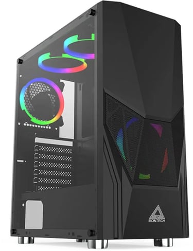 a black computer case with a rainbow colored leds