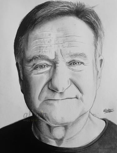 Portrait dessiné en noir et blanc de Robin Williams