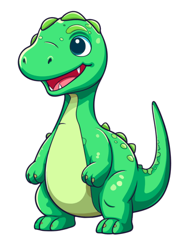 Illustrazione di un dinosauro verde sorridente in stile cartone animato, utilizzato per contenuti divertenti e dedicati ai ba