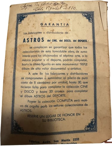 Disc Card Redemption Page from the 1961 Astros Del Deporte Sports Album