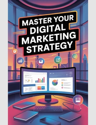 Digital marketing strategy illustration showing analytics dashboard, social media icons, etc..