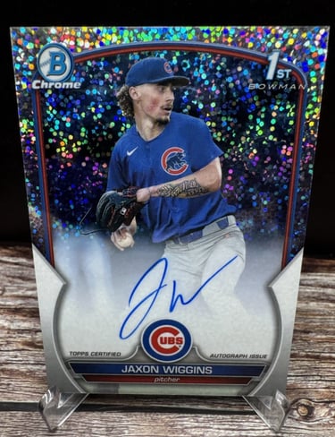 "Jaxon Wiggins speckle autograph card featuring unique speckled design and on-card signature."