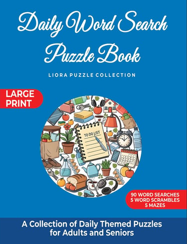 Daily Word Search Puzzle Book cover featuring illustrated everyday items and a to-do list.