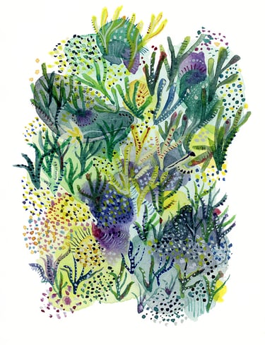 Aquarelle végétation aquatique tons verts et violets