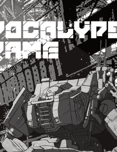 The words Apocalypse Frame above a mech's head and arms. The inside of a building can be seen behind it.