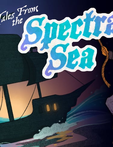 A silhouetted ship sails across a prismatic sea and a swashbuckler swings with a dagger in their teeth. Above is the title.