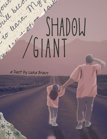 A cover for shadow/giant, a man and a young girl seen from behind hold hands and walk down a road towards distant mountains.