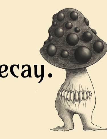 The word decay in art nouveau font next to a picture of a creepy-cute mushroom creature with legs, many eyes, and teeth.