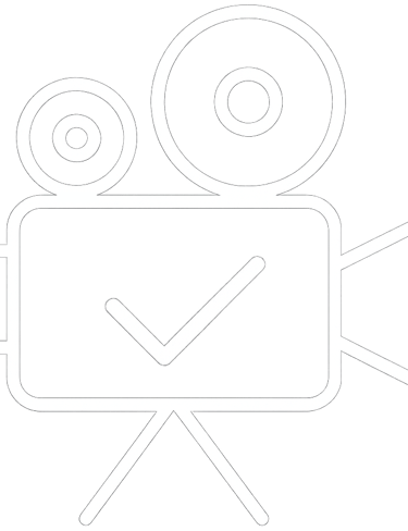 Ícone de câmera de cinema com check, representando gravação e direção de vídeos