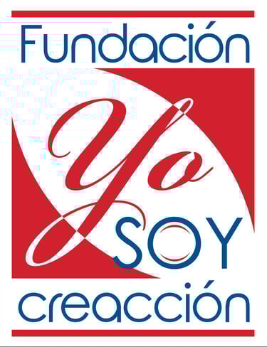 Fundación Yo Soy Creacción logo featuring blue text and red abstract shapes.