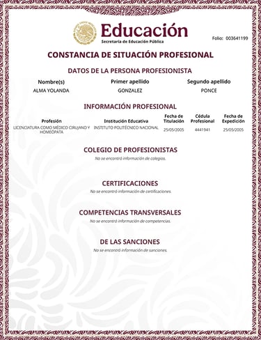Dr. Alma Yolanda Gonzalez Ponce diploma of medical surgeon and homeopath