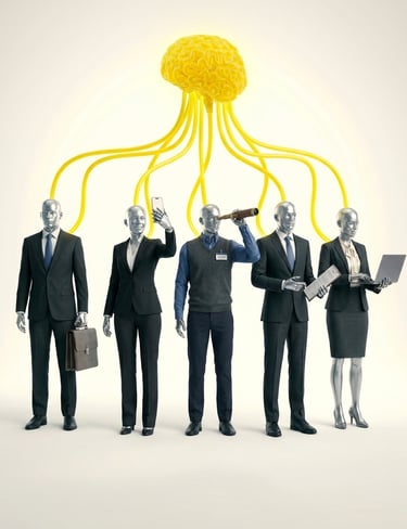 Silver business professionals connected by yellow neural tubes to a central glowing brain representing collective artificial