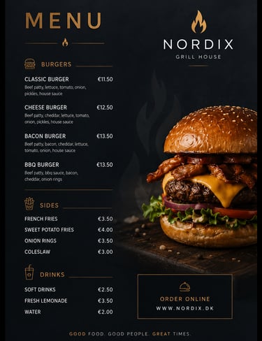 Modern black and gold burger restaurant menu design for Nordix Grill House featuring gourmet burgers, pricing, drinks 
