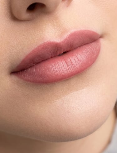 Close-up of full lips with dusty rose permanent makeup lip blush tattoo for a natural tinted look.