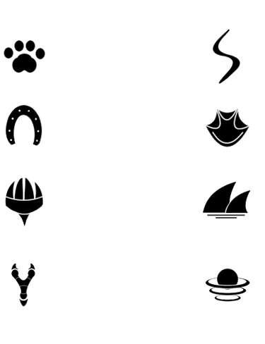 8 images of the Prints in the game: a paw print, horseshoe, stylized claws, bird talon, slither mark