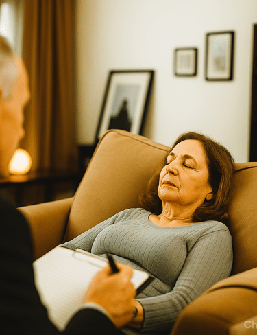 Mujer es guiada por terapeuta mientras está en sesión de regresión.
