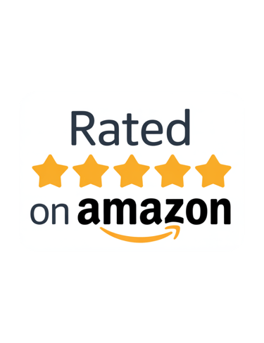 A logo that reads "rated 5 stars on Amazon"