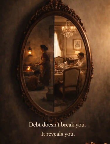 Indian household reflected in a mirror showing simple life and luxury contrast, symbolic view of debt and truth.