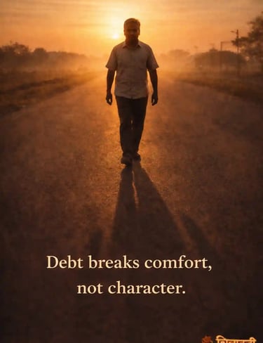 Indian man walking toward the rising sun on an open road, hopeful mood, symbol of resilience and character.