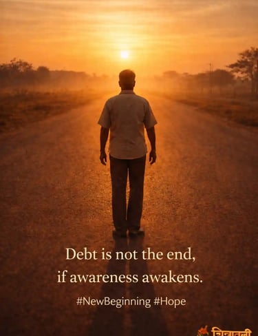 Indian man standing at dawn facing the rising sun, open road ahead, calm hope and spiritual renewal.