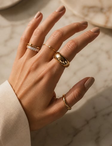 A hand wearing a curated stack of gold rings including a thick dome ring and a diamond eternity band.