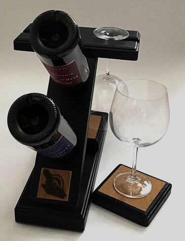 Rustic Countertop Wood Wine Rack for 2 Bottles Holders and 2 Glasses Holder with 2 Coasters. Solid W