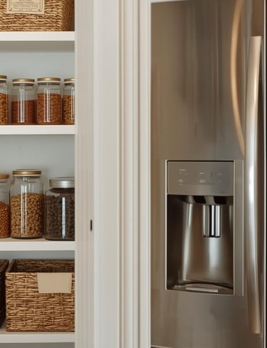 Organized pantry with glass jars, labeled baskets, and neatly arranged ingredients.