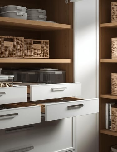 Neatly organized kitchen cabinets with clear containers, baskets, and pull-out drawers.